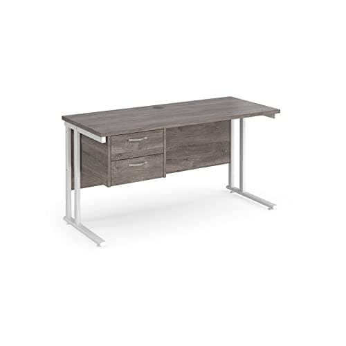 Image of Mr Office Maestro 25 straight desk 600mm deep with 2 drawer pedestal - white cantilever leg, Grey oak, 1400