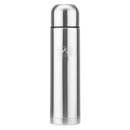 Image of Trail Bullet Vacuum Flask 1000ml, Stainless Steel Thermal Flask for Camping, Hiking & Travel, Keeps Drinks Hot 12hrs / Cold 24hrs, Double Walled, Leak-Proof, Twist-&-Pour Stopper, Lid Cup (Silver)