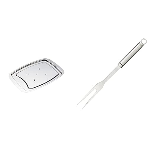 Image of MasterClass Spiked Carving Tray, Stainless Steel, Silver, 38 x 26.5cm & Professional Stainless Steel Long Oval Handled Meat Fork