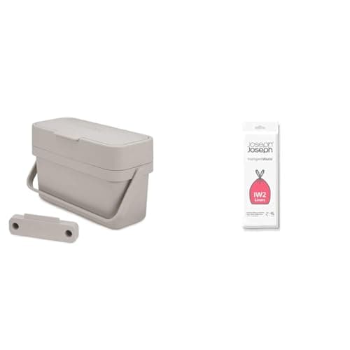 Image of Bundle of Joseph Joseph 30046 Compo 4 Easy-fill Food Waste Caddy-4 Litres-Stone + Joseph Joseph IW2 Biodegradable, Compostable Bags, Pack of 50 Food Waste Bin Liners, White, Small, 4 Litres
