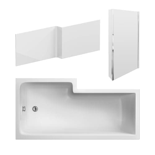 Image of nuie SBATH14 Modern Bathroom L Shape Square Shower Bath Set with Screen and Front Panel - Right Hand, 1600 x 850 x 390mm, White/Chrome