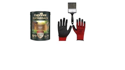 Image of FAB INT PRODUCTS Cuprinol Ducksback 5 Year Waterproof for Sheds and Fences, 5L, Include Glove L, 4"Brush, (Autumn Gold)
