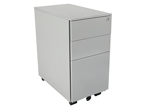 Image of The Workplace Depot Lockable Mobile Pedestal – Under Desk Office Drawer Unit – 3-Drawer Filing Cabinet with Secure Storage, Anti-Tilt Design & Smooth-Glide Runners – Grey Alloy Steel (Grey, Narrow)