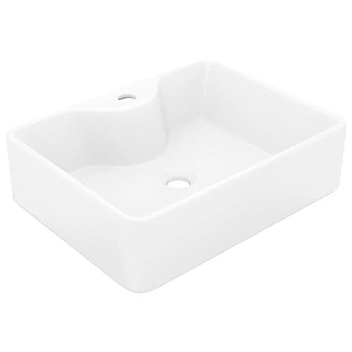 Image of vidaXL White Ceramic Bathroom Sink Basin - Modern Design Square Sink for Bathroom, Washroom, Powder Room with Included Faucet Hole, Easy-Clean Surface