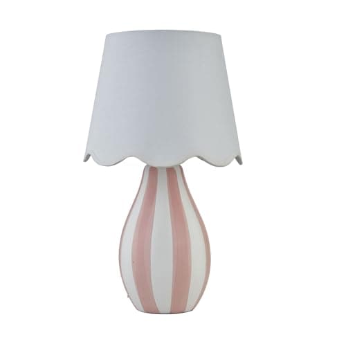 Image of firstchoicelighting Pink Striped Ceramic Table Lamp or Bedside Light, White Scalloped Fabric Shade, Height 37.5cm, LED Compatible