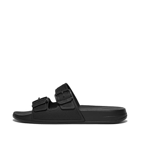 Image of Fitflop Women's iQushion Two-bar Buckle Slides Sandal - Lightweight & Comfortable with Natural Arch Support - All Black - 5 UK