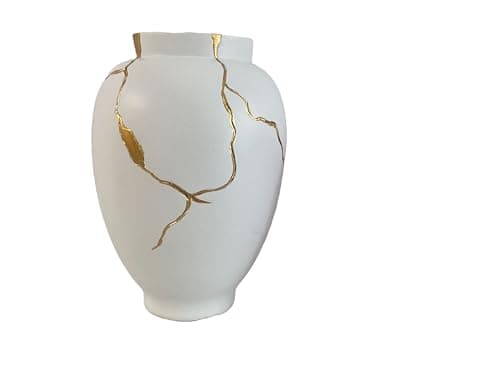 Image of White & Gold Vase Inspired by Kintsugi Japanese Art Tapered Classic Bag Flowervase For Dried Flowers Decoration (Classic)