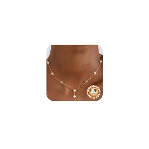 Image of Finrezio Rose Gold Dangle Necklace For Women 925 Sterling Silver Necklace With Cubic Zirconia Rose Gold Chain Necklace Choker Necklaces for Women Wedding Brides Rose Gold Jewellery Gifts