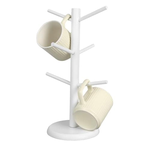 Image of Minicoco Wooden Mug Tree Cup Holder Tree with 6 Hooks,Tree Holder, Coffee Cup Holder, Counter Cup Holder, Coffee Mug Holder Storage Rack for Your Counter (White)