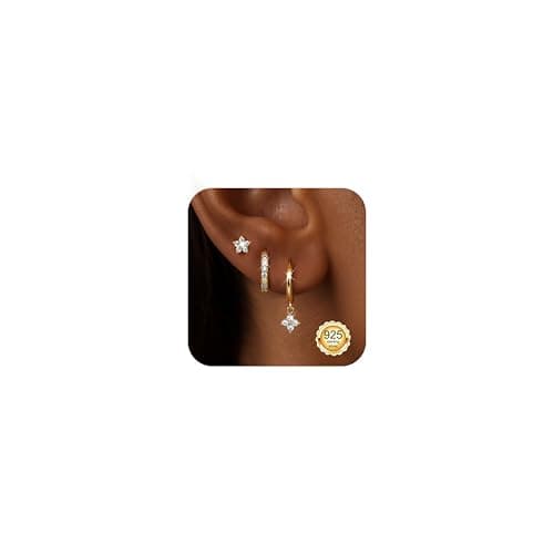 Image of Diamday 3 Pairs Sterling Silver Earrings for Women Stud Hoop Earring Set Hypoallergenic Cartilage Earring Sets for Multiple Piercings Studs Huggies Earrings Hoops for Women Silver Gold C