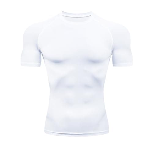 Image of HYCOPROT Men's Compression Shirts Short Sleeve Compression Top Athletic Workout T-Shirt Quick Dry Sports Baselayer Running Undershirts Tops (UK, Alpha, L, Regular, Regular, White)