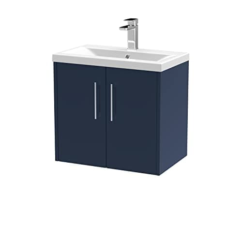 Image of Hudson Reed JNU1723A Juno Modern Bathroom Wall Hung 2-Door Vanity with Mid-Edge Ceramic Basin, 600mm, Matt Electric Blue