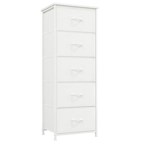 Image of Somdot Tall Chest of Drawers for Bedroom with 5 Drawers, Storage Organiser Fabric Dresser for Closet Bedside Nursery Laundry Living Room Entryway Hallway, White Leather