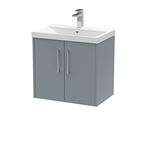 Image of Hudson Reed JNU2323D Juno Modern Bathroom Wall Hung 2-Door Vanity with Thin-Edge Ceramic Basin, 600mm, Matt Coastal Grey