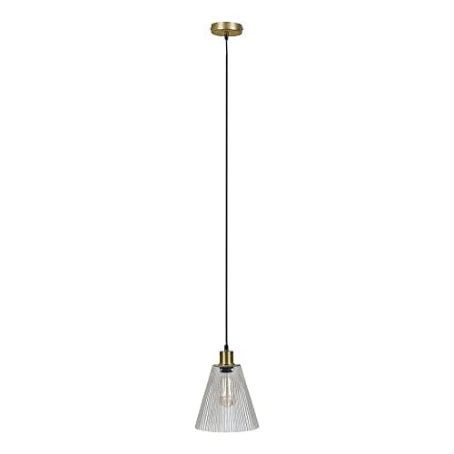 Image of MiniSun | Modern Satin Gold Suspended Ceiling Pendant Light Fitting with a Ribbed Clear Glass Shade | Pendant Lights, Home Décor & Improvement Essential | Mains Wired