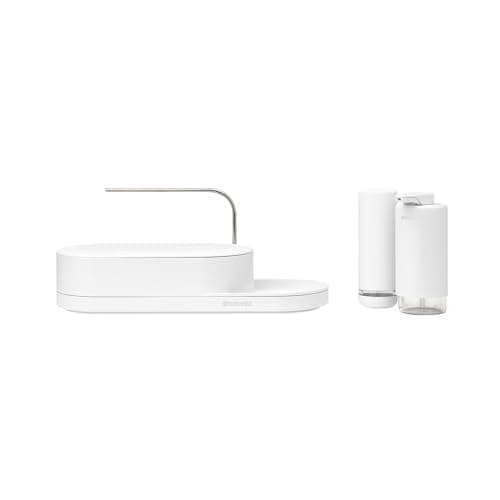 Image of Brabantia - SinkStyle Organiser Set of 3 with Organiser, Soap Dispenser, and Soap Squeezer – Compact Design, Drip Tray with Airflow, Non-Skid Tray – Mineral Fresh White