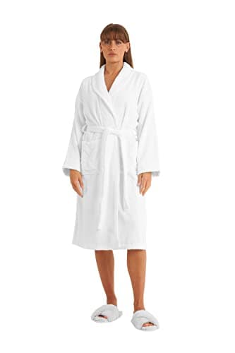 Image of Cotton Trend Ladies 100% Turkish Cotton Towelling Dressing Gown Super Soft Long Bathrobe Shawl Collar Luxurious Womens Cosy Calf Length Robe (L/XL, White)