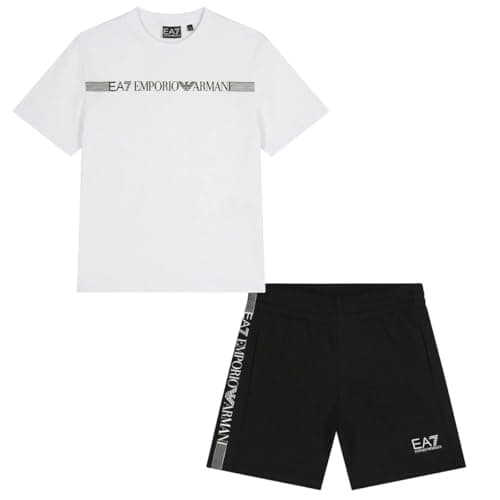 Image of Emporio Armani EA7 7B000267 Children's Cotton Jersey T-Shirt and Shorts Set Logo Series, White/Black, 12 Years