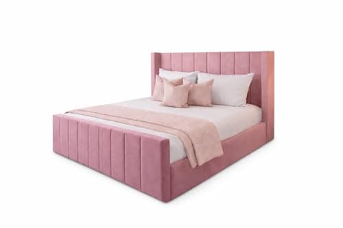 Image of Royal Wingback Bed Frame | Double King SuperKing Size | Fully Upholstered Luxury Bed | Optional Gas Lift & Mattress (Pink Plush, Double 4ft6 Bed Frame)