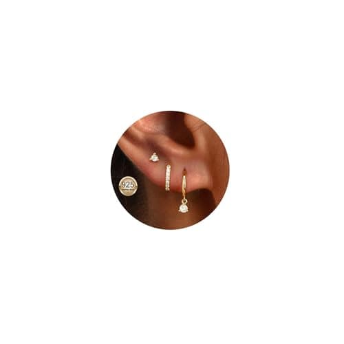 Image of 3 Pairs Stud Hoops Earrings for Women, 14K Gold Gold Hoop Earrings for Women, Hypoallergenic Cartilage Earring-s for Multiple Piercing, Dainty Small Stackable Hoop Earring-s Set