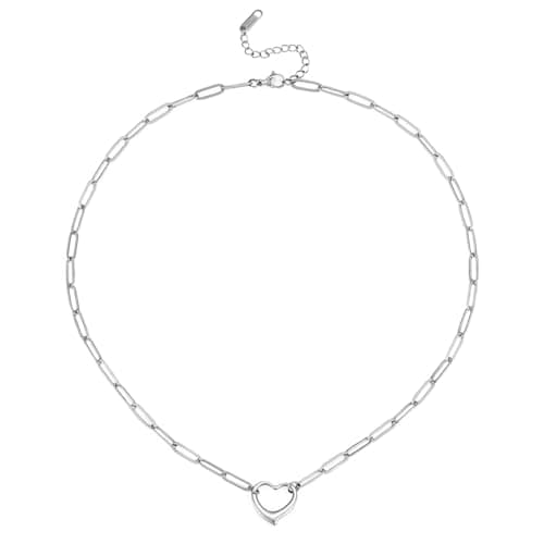 Image of Emibele Dainty Silver Heart Charm Necklace for Women, Stainless Steel No Tarnish Silver Necklace with Love Heart Pendant & Paperclip Chain, Valentines Birthday Jewelry Gifts for Women