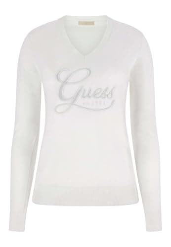 Image of GUESS ES26GU32 W6RR50Z2NQ2 Women's Rhinestone White Logo Sweater, White, XS