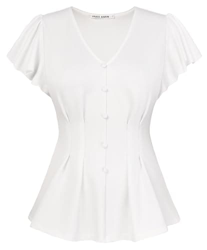 Image of GRACE KARIN Women's Summer Tops Short Sleeve V-Neck Ruffle Smocked Pleated Blouses Top for Casual Party White S