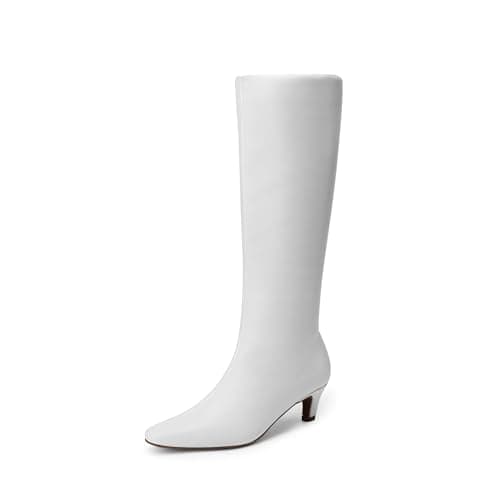 Image of DREAM PAIRS Women's Knee-High Boots, Comfortable Chunky Block Heel Pointed Toe Pull On Side Zipper Suede Slouch Riding Boots,Size 8,White,DWUMKB2508