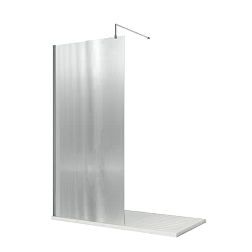 Image of nuie WRFL18510 Fluted Modern Bathroom 8mm Toughened Safety Glass Wetroom Screen with Bar, 1000mm, Polished Chrome