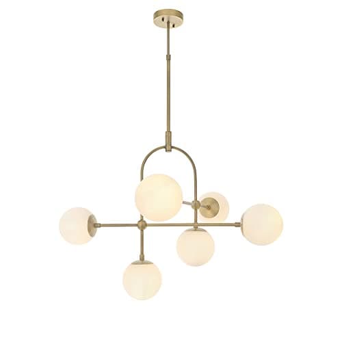 Image of Antique Brass Multi Arm Ceiling Light & Opal Glass Shade 6 Bulb Hanging Pendant | Steel & Glass Construction - Bulb Not Included - Requires 6 X 7W LED E14 - Lumens - Dimmable Lighting