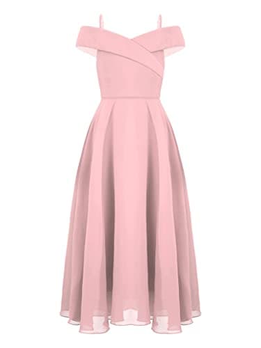 Image of Moggemol Girls Off Shoulder Dress Spaghetti Straps Pleated A-Line Wedding Party Formal Flower Girl Dress Pink 13-14 Years