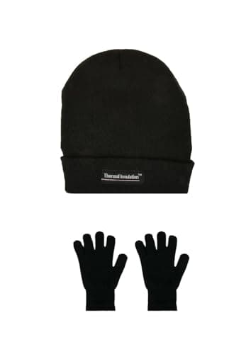 Image of Adult Mens Black Hat And Gloves Set Winter Autumn Thermal Lining Hat and Gloves Set