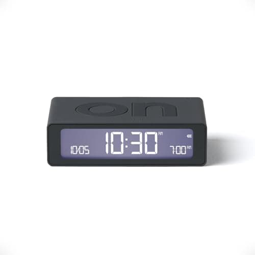 Image of Lexon Flip Mini digital alarm clock, On Off LED clock with Adjustable Brightness, Rechargeable or Mains Powered, Sleek Retro Bedroom Decor Ideal for Alarm Clocks Bedside Use - Dark Grey