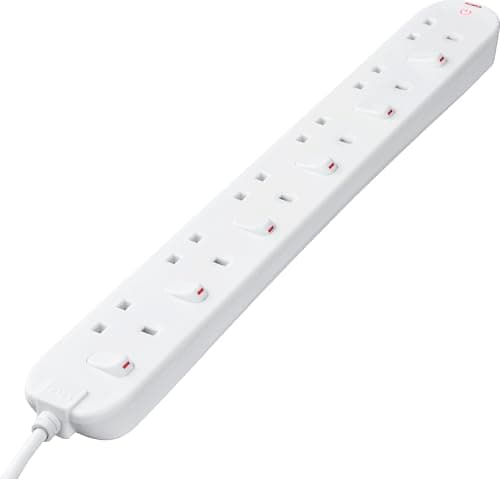 Image of Masterplug Six Socket Extension Lead, 2 Metre Cable, Individual Switches, Power and Surge LED Indicators, 6-Way Plug Extension Cable, Power Strip, White, 13A, 6G, 2m, SWC6210N