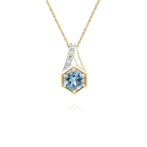 Image of Geometric Hexagon with Prong set Round Topaz and Diamond Pendant Necklace in 9ct Yellow Gold