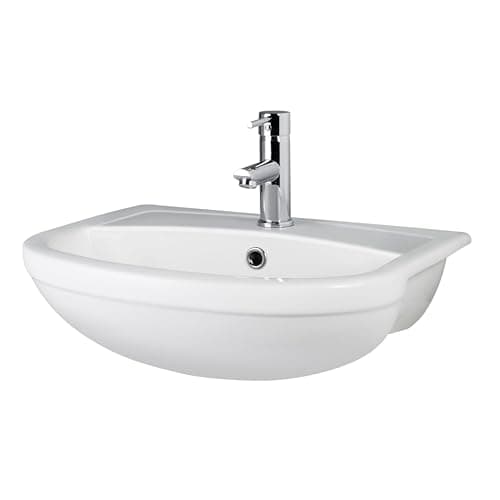 Image of Balterley 520mm Bathroom Sink, Semi Recessed Ceramic Round Bowl Bathroom Wash Basin Sink with Overflow, 1 Tap Hole, Basin Sinks for Countertops and Worktops - 526 x 420 x 185mm (White)