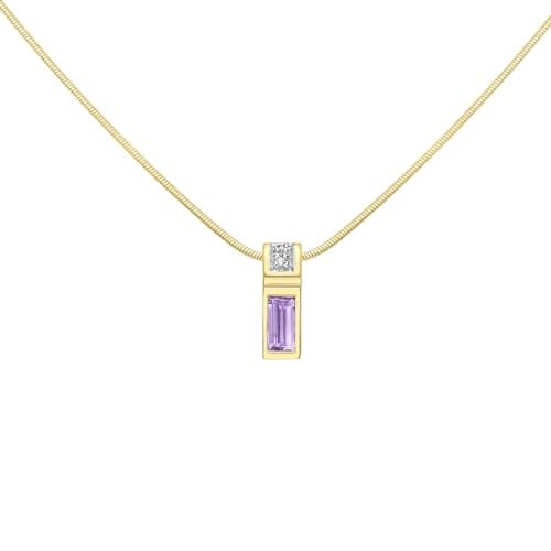Image of CARISSIMA Women's 9ct Yellow Gold Rectangle Diamond and Amethyst Pendant on Snake Chain of 41cm/16