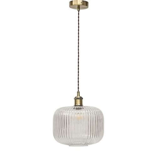 Image of firstchoicelighting Clear Ribbed Glass Ceiling Light Pendant with Vintage Style Antique Brass Cable Kit, Height Adjustable, Kitchen Island Dining Lighting