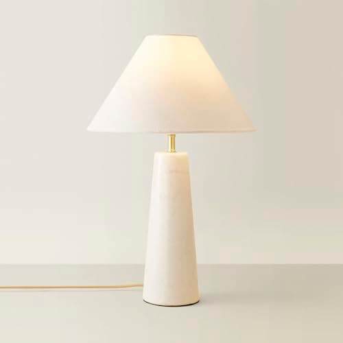 Image of ValueLights | White Marble Base Bedside Table Lamp with a Linen Tapered Lampshade Living Room Bedroom Light | Table Lamps, Home Décor & Improvement Essential | Included LED Bulb