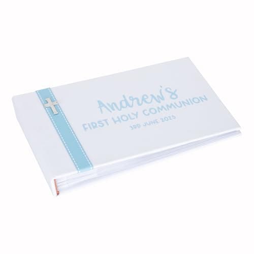 Image of First Holy Communion personalised photo album with a soft BLUE ribbon and a smart pewter cross. Gift by Metal Planet UK.