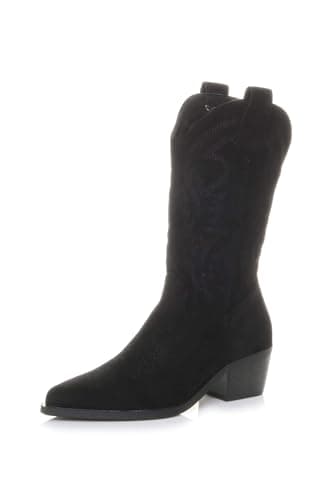 Image of AJVANI Womens Ladies Low Cuban Heel Pointed Toe Western Calf Cowboy Boots Size 7 40 Black Suede