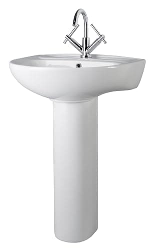 Image of Balterley 550mm Bathroom Sink, Full Pedestal Ceramic Round Bowl Bathroom Wash Basin Sink with Overflow, 1 Tap Hole, Floor Standing Basin Sinks for Cloakroom - 550 x 475 x 840mm (White)