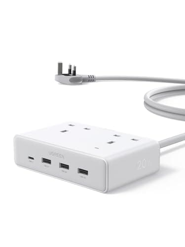 Image of UGREEN Extension Lead with 4 USB Slots, 2 Way 2990W Max Multiple Plug with 1.5m Extension Cable, Compatible with iPhone 17/16/15/14, iPad Pro/Mini, Suitable for Home/Office, White