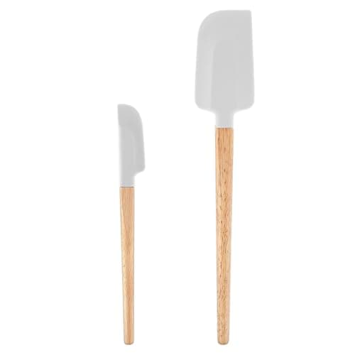 Image of 2pcs Wooden Handle Spatula Set White Silicone Spatula Spoon Food Grade Nonstick Rubber spatula Long Handle Jar Scraper Heat-Resistant Spoonula Kitchen Utensil for Cooking Baking Mix Frost Scrape Blend