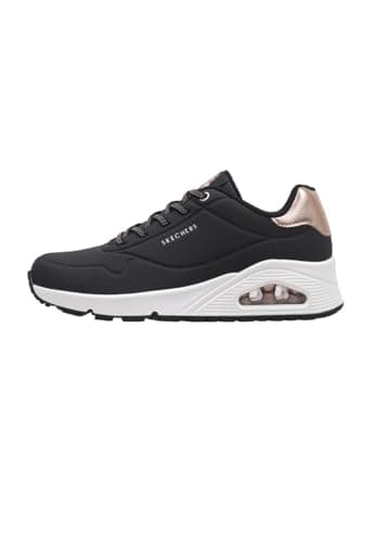 Image of Skechers Women's Uno - Shimmer Away Sneaker, Black Durabuck Rose Gold Duraleather Trim, 3 UK