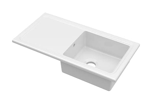 Image of Balterley Ceramic Kitchen Sink with Drainer & Overflow Hole, 101cm Bowl Inset Fireclay White Kitchen Sink, Single Bowl Reversible Ceramic Sinks with Plain Drainer - 1010 x 525 x 235mm (White)
