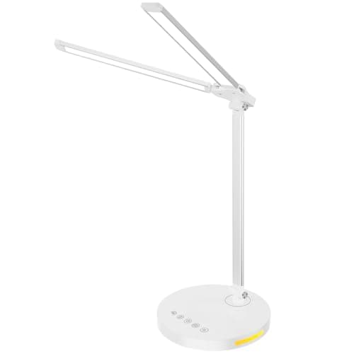 Image of Qualore LED Desk Lamp with Dual Arms, 5 Color Mode, 10 Brightness Level, Adjustable Bedside Table Lamp with USB Charging, Auto Timer, Energy Efficient Desk Light for Bedroom Office Study Nail Kids