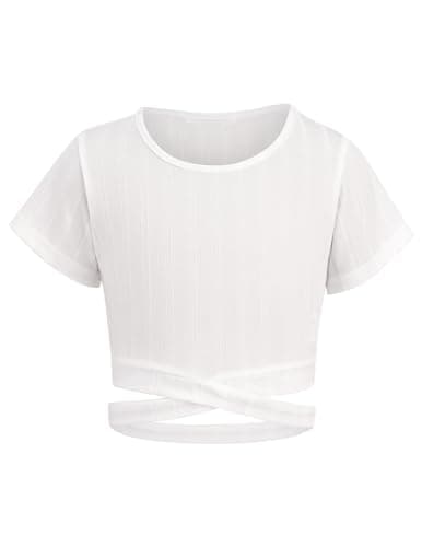Image of Arshiner Girls T-Shirts Crop Top Kids Summer Short Sleeve Solid Color Round Neck Shirt Casual Fashion Tee Shirt for Girls 13-14 Years White