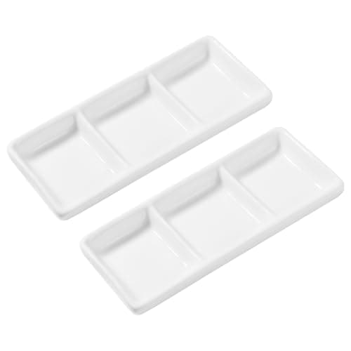 Image of Cabilock 2pcs 6 Inch Sauce Dishes Pure White Ceramic 3- Compartment Appetizer Serving Tray Rectangular Divided Food Dipping Bowls