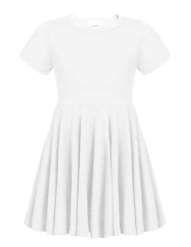 Image of trudge Girls Summer Swing Dress A-line Short-Sleeved Cotton Solid Color Princess T-Shirt Dresses Basic Fattern Skater Dress 12-13 Years White